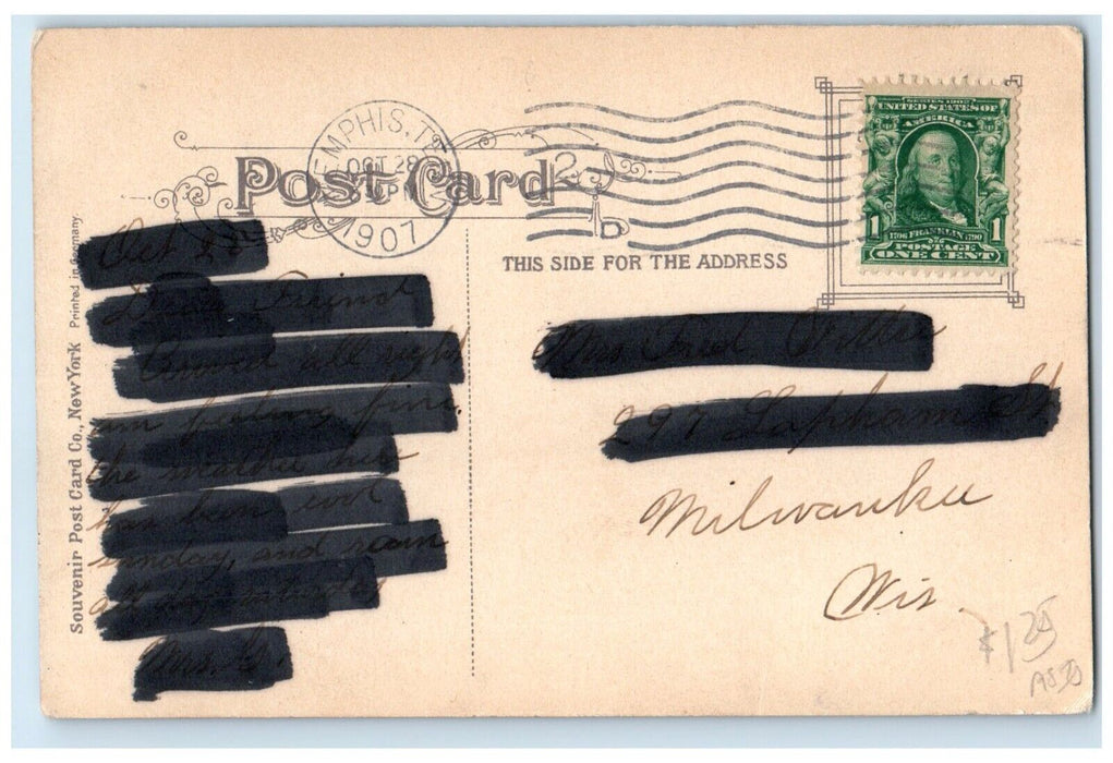 1907 Mississippi Levee Steamer Ship Memphis Tennessee TN Posted Antique Postcard