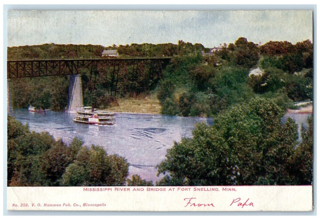 1906 Mississippi River And Bridge Boat At Fort Snelling Minnesota MN Postcard