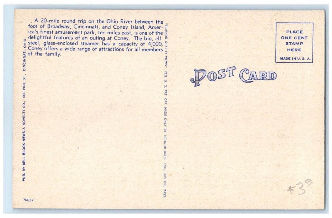 c1930's The Island Queen Lands At Coney Island Cincinnati Ohio OH Postcard