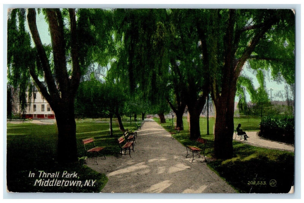 1912 In Thrall Park Middletown Burnside New York NY, Trees And Bench Postcard