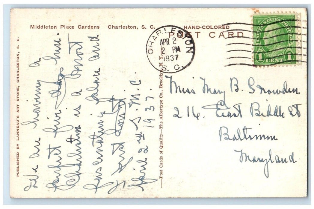 1937 Middletown Place Gardens Charleston South Carolina NC Hand-Colored Postcard