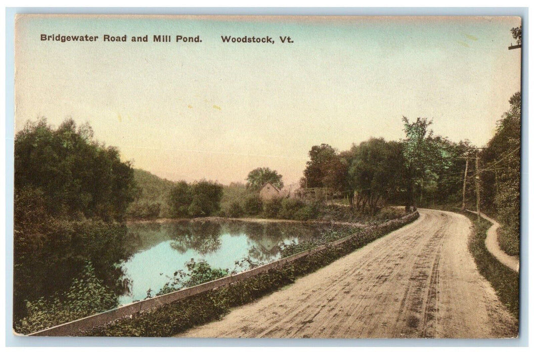 c1940 Bridgewater Road Mill Pond Woodstock Vermont Antique Hand-Colored Postcard