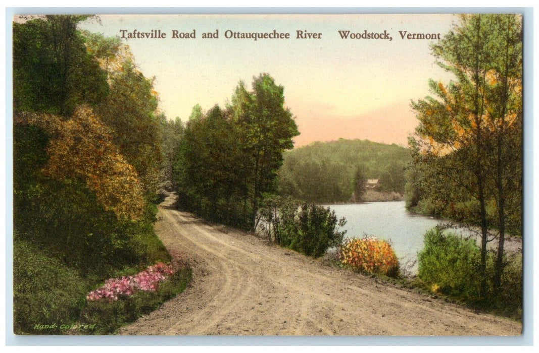 c1940 Taftsville Road Ottauquechee River Woodstock Vermont Hand-Colored Postcard