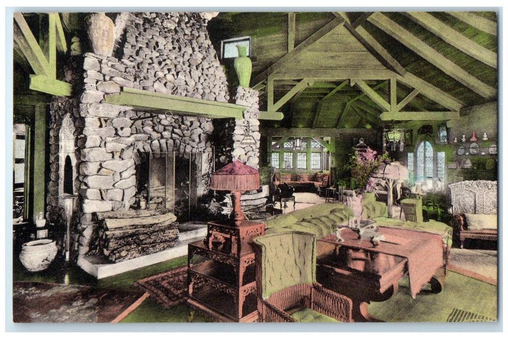 c1940 Interior Allenwood Inn Fireplace Burlington Vermont Hand-Colored Postcard