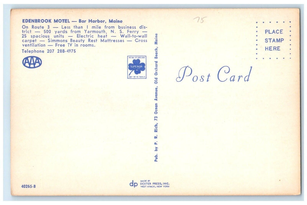 c1960 Edenbrook Motel Business District Hotel Exterior Bar Harbor Maine Postcard