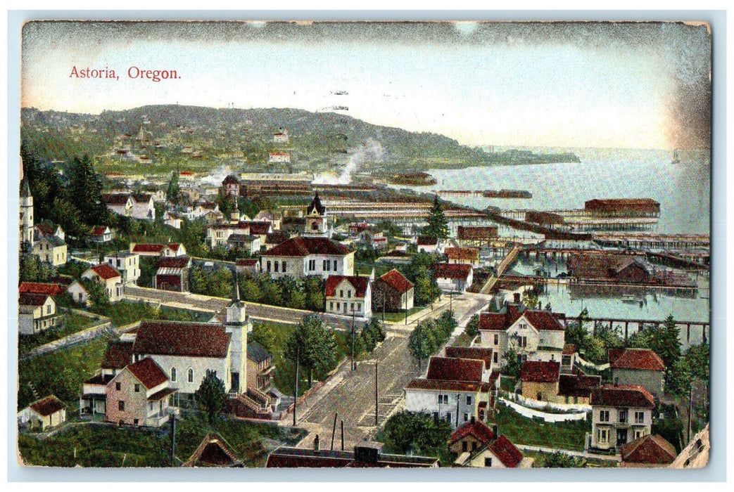 1908 Aerial View Buildings Road Boat Landing Astoria Oregon OR Postcard