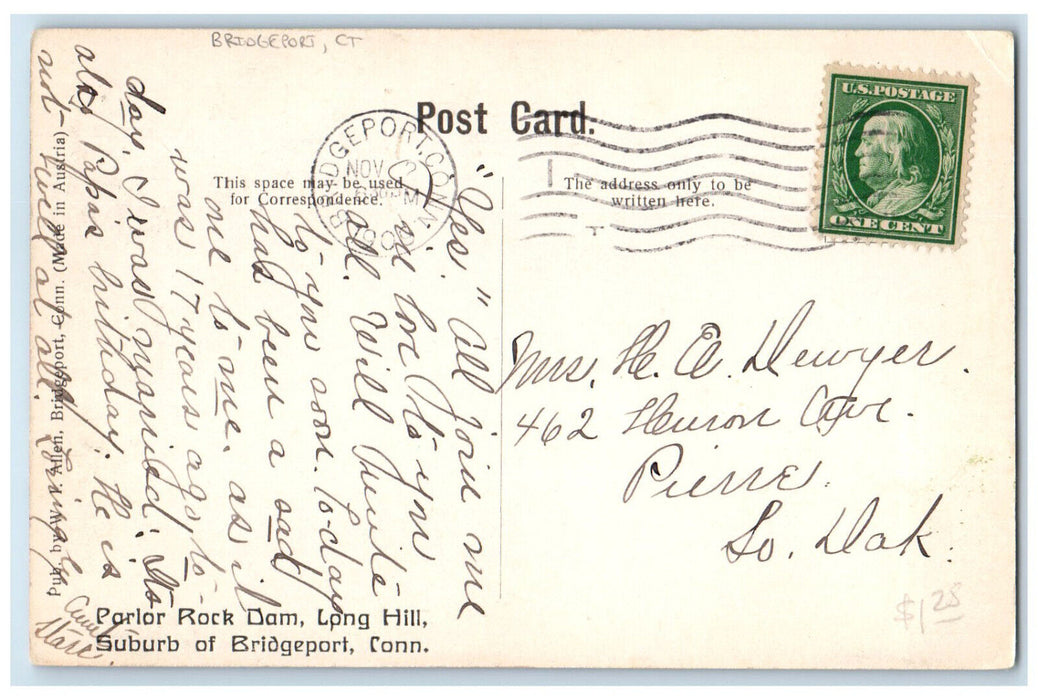 1909 Parlor Rock Dam Long Hill Suburb of Bridgeport Connecticut CT Postcard