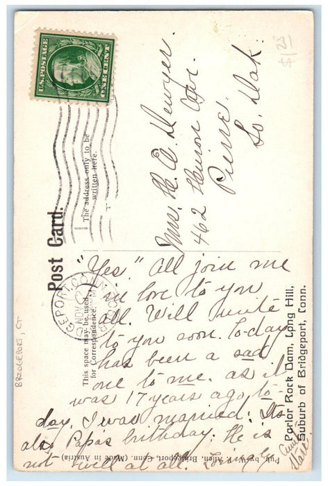 1909 Parlor Rock Dam Long Hill Suburb of Bridgeport Connecticut CT Postcard