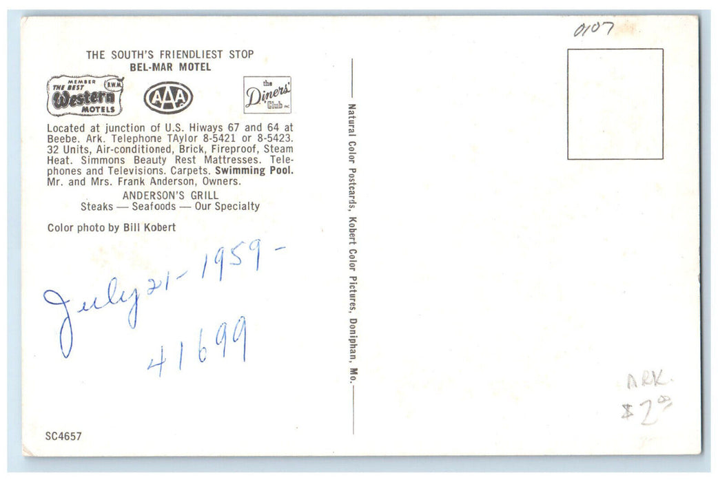 1959 The South's Friendliest Stop Bel-Mar Motel Beebe Arkansas AR Postcard