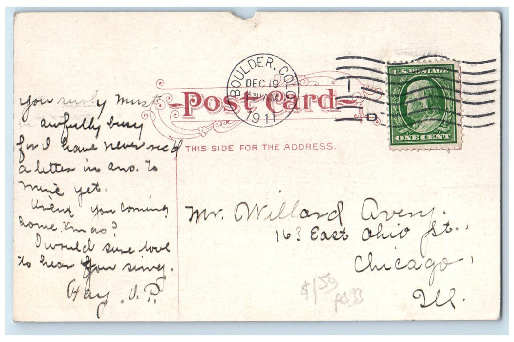 1911 View of U.S. Post Office Boulder Colorado CO Antique Unposted Postcard