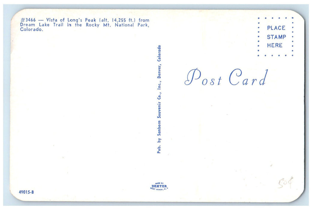 c1950's Vista of Long's Peak Dream Lake Trail Rocky National Park CO Postcard