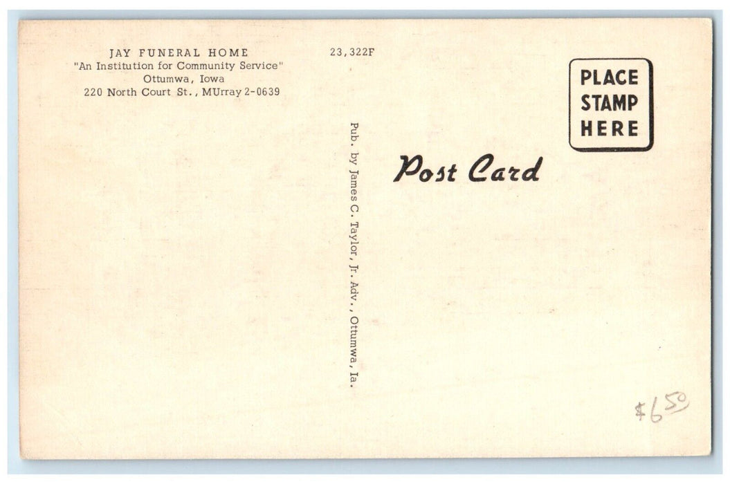 c1940 Jay Funeral Home Institution Community Service Court Ottumwa Iowa Postcard
