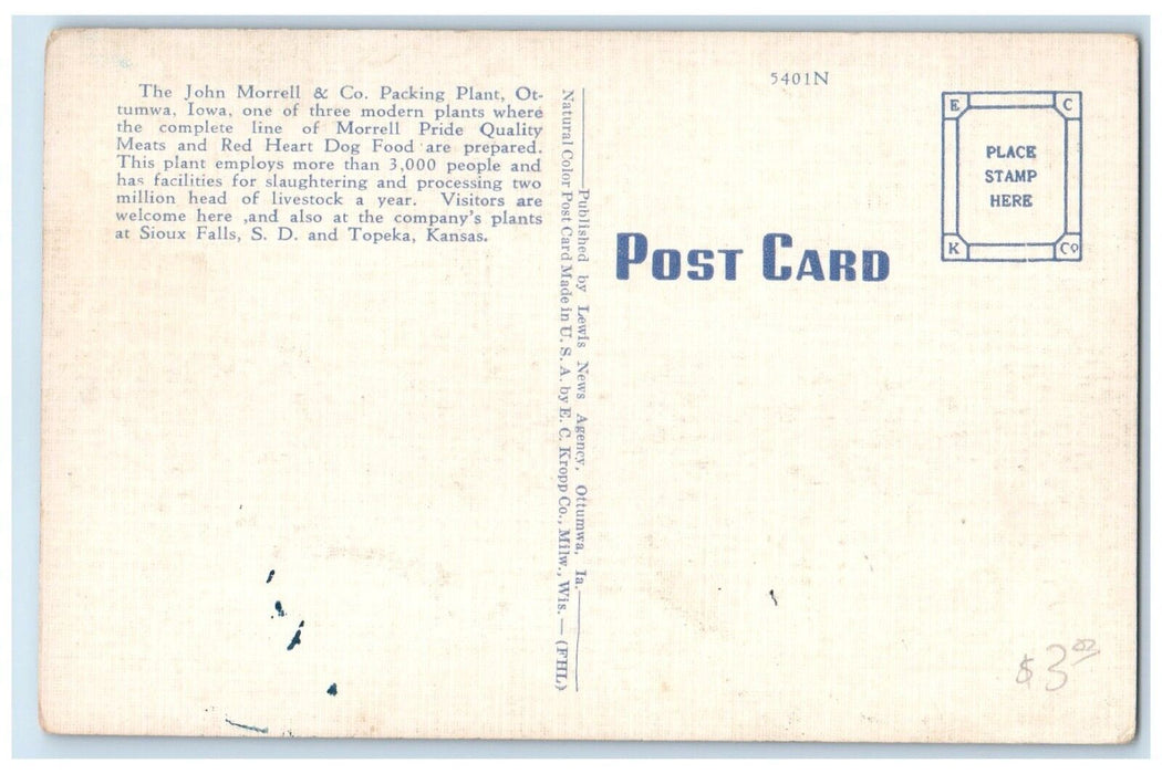 1940 Aerial John Morell Co. Packing Plant Factory Exterior Ottumwa Iowa Postcard