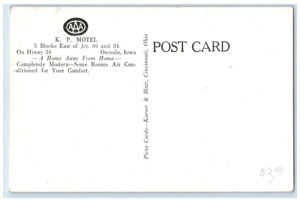 c1930's KP Motel Car Dirt Road Osceola Iowa IA Unposted Vintage Postcard