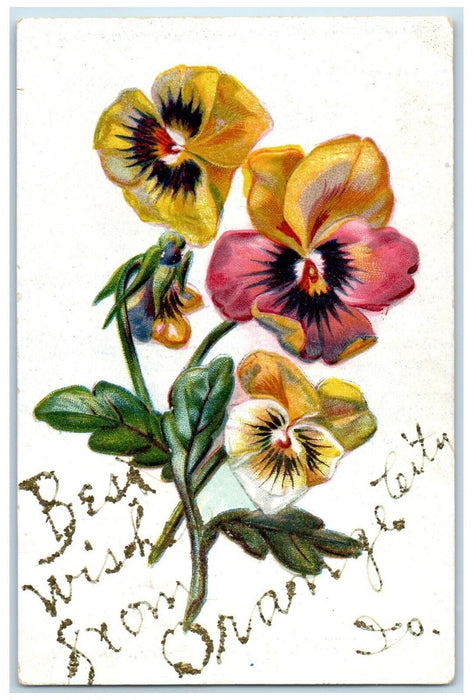 c1910's Best Wishes Orange City Iowa IA, Flowers Glitter Embossed Postcard