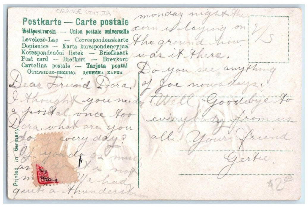 c1910's Best Wishes Orange City Iowa IA, Flowers Glitter Embossed Postcard