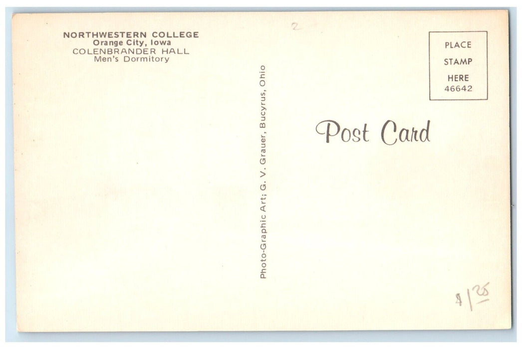 Northwestern College Colenbrander Hall Men's Dormitory Orange City IA Postcard