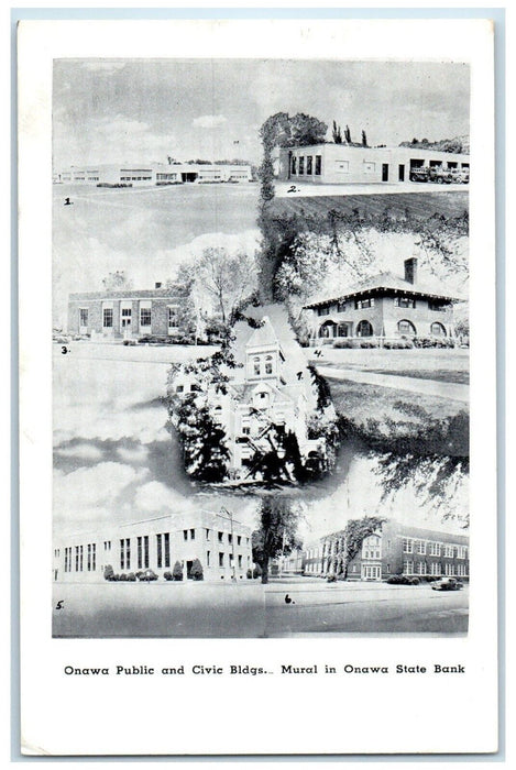 1962 Onawa Public And Civic Bldgs. Mural In Onawa State Bank Iowa IA Postcard