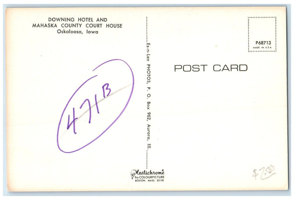 c1960 Downing Hotel Mahaska County Court House Vintage Oskaloosa Iowa Postcard