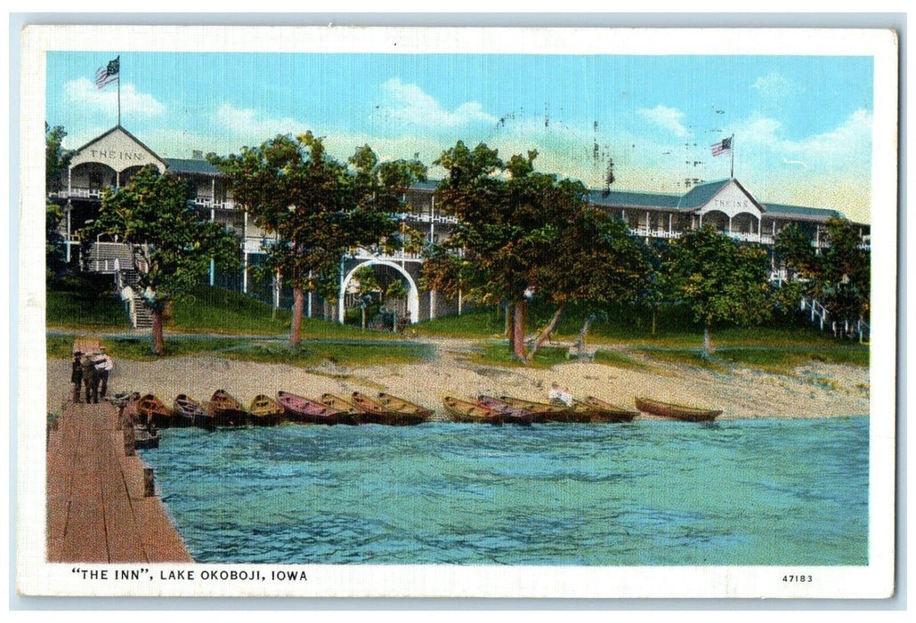 1935 The Inn Hotel Building Boat Scene Lake Okoboji Iowa IA Vintage Postcard