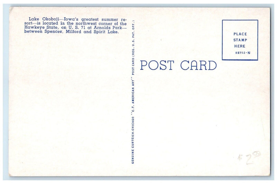 c1930's Scenic View Of Lake Okoboji Iowa IA, Sailboat Unposted Vintage Postcard