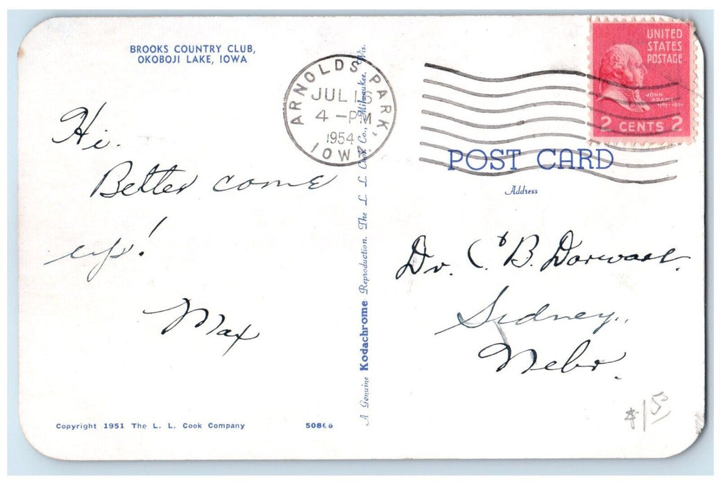 1954 View Of Brooks Country Club Cars Scene Okoboji Lake Iowa IA Posted Postcard