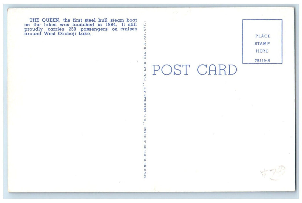c1950's SS Steamer Queen Docking At Arnold's Park Lake Okoboji Iowa IA Postcard