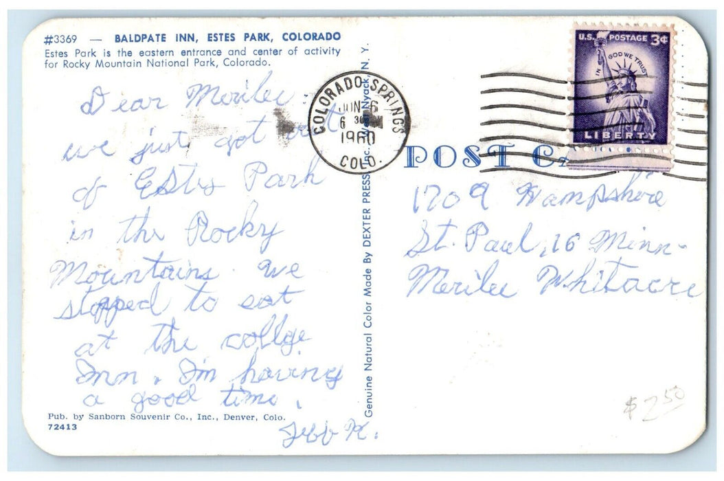 1960 Entrance Baldpate Inn Building Classic Cars Estes Park Colorado CO Postcard