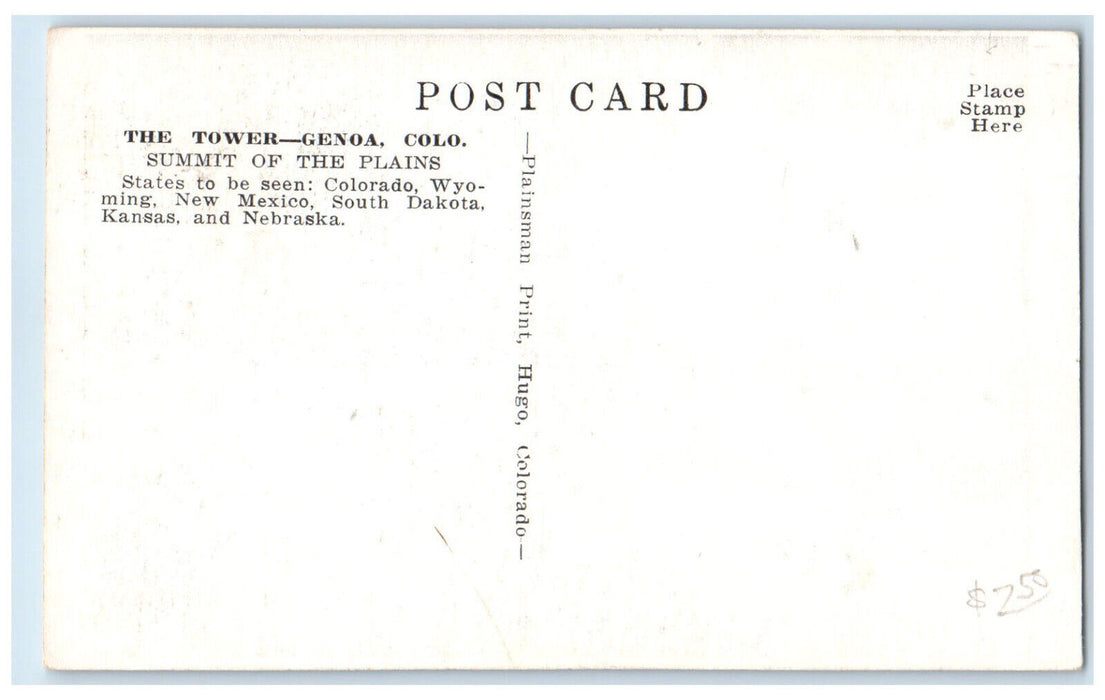 c1940's The Tower Summit of the Plains Genoa Colorado CO Unposted Postcard
