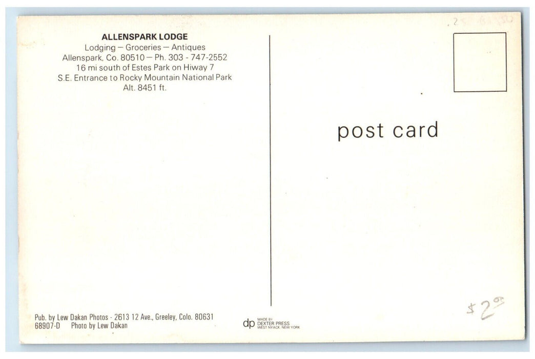 c1950's Allenspark Lodge Film Groceries Ice Allenspark Colorado CO Postcard