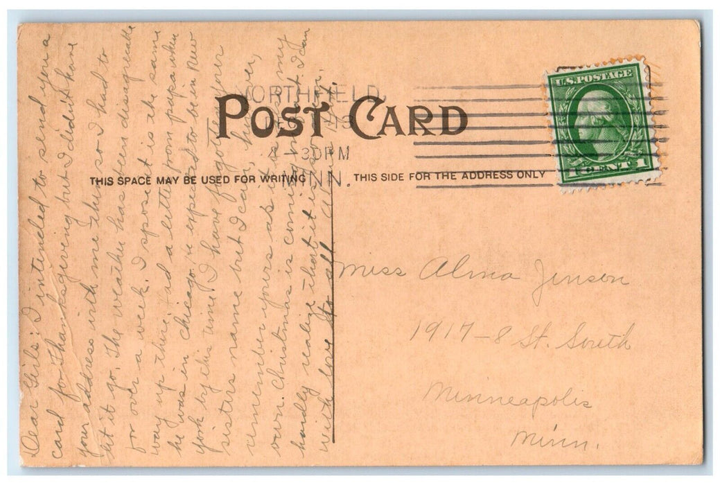 1913 Gridley Hall Carlenton College Building Northfield Minnesota MN Postcard