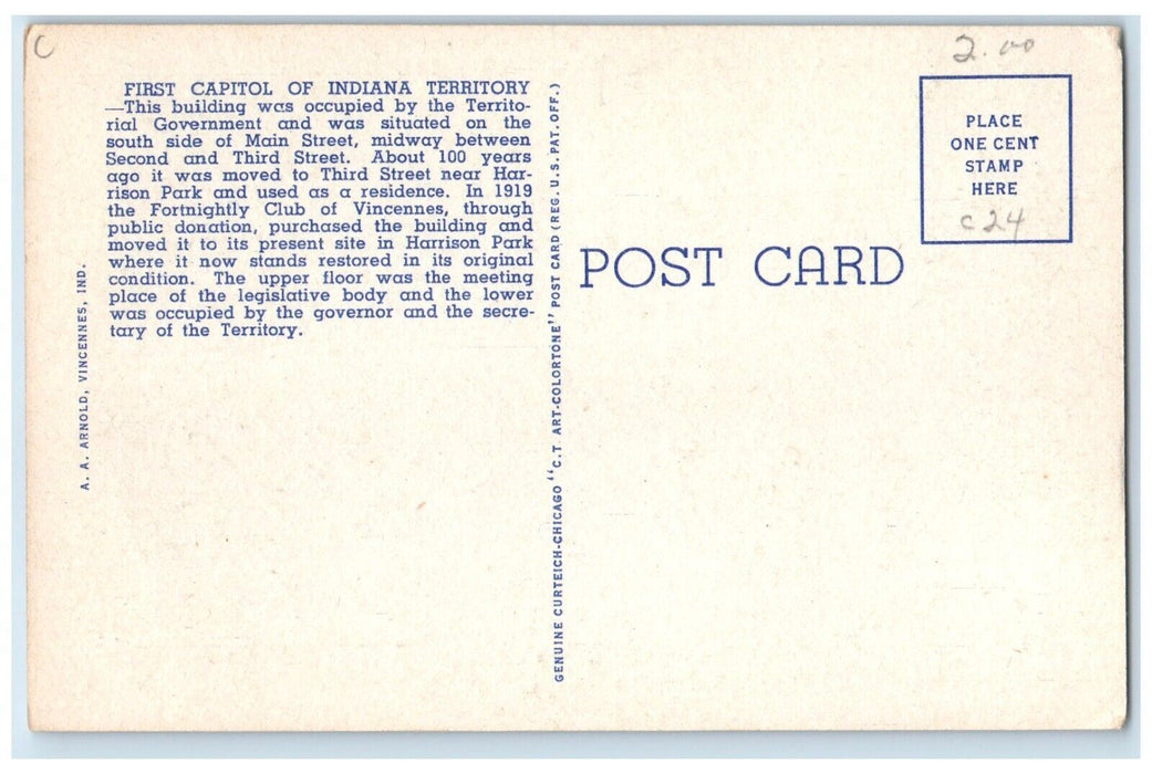 c1940 First Capitol Territory District Louisiana Vincennes Indiana IN Postcard