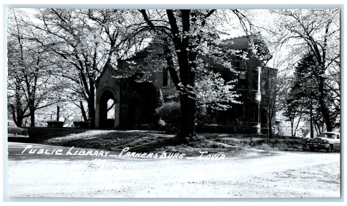 Public Library Building Dirt Road Car Parkersburg Iowa IA RPPC Photo Postcard