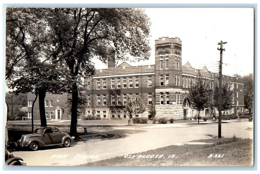 c1940's High School Building Car Oskaloosa Iowa IA RPPC Photo Vintage Postcard