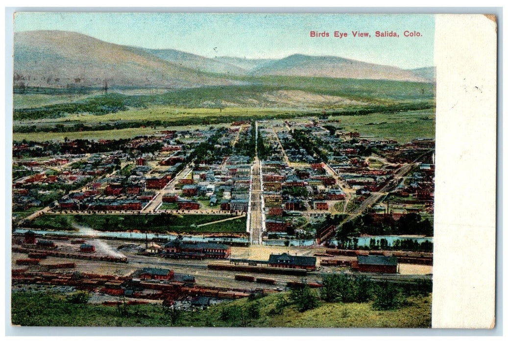 1909 Birds Eye View Buildings Lake Locomotive Train Salida Colorado CO Postcard