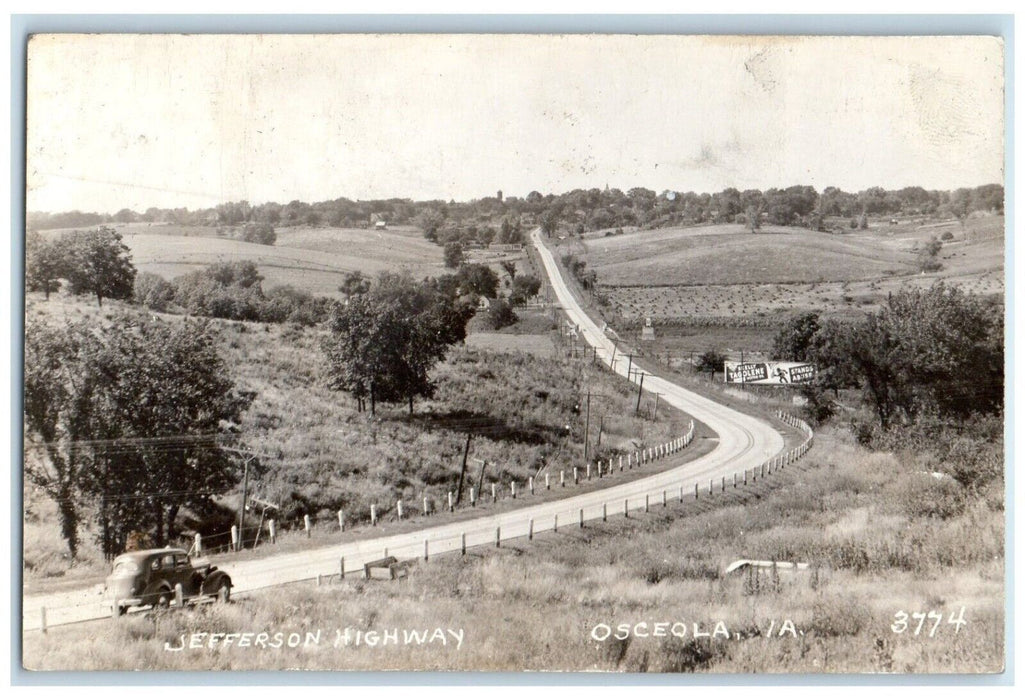 1944 Jefferson Highway Car Scene Osceola Iowa IA RPPC Photo Vintage Postcard