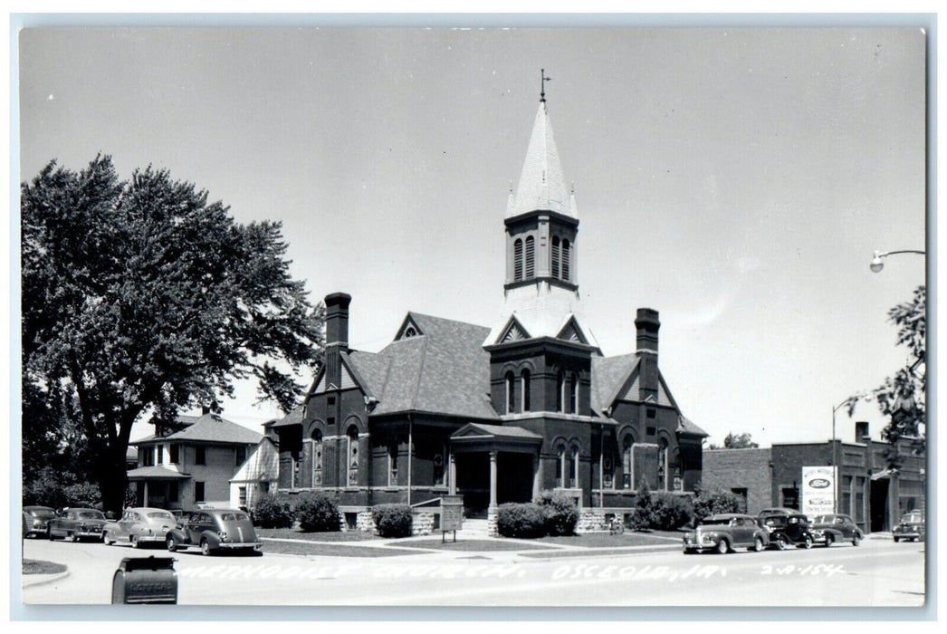 c1940's Methodist Church Cars Ford Sign Osceola Iowa IA RPPC Photo Postcard