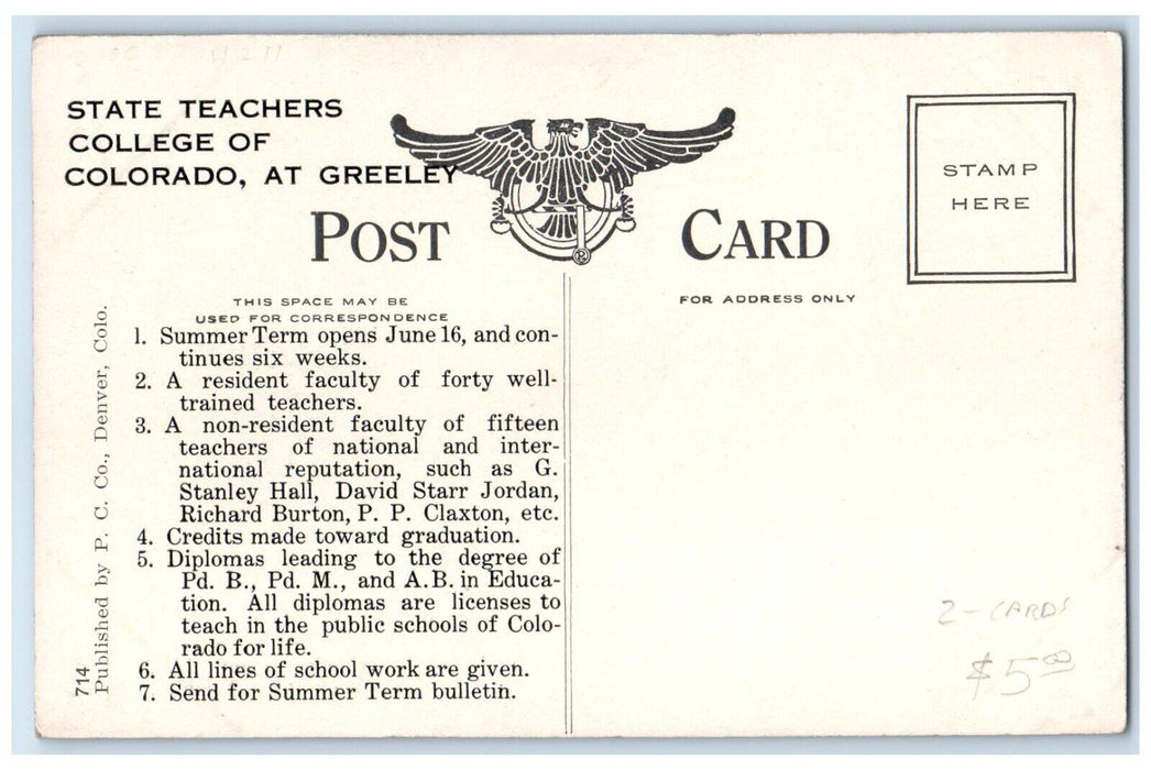 1910 Administration Building Colorado Teachers College Greeley Colorado Postcard