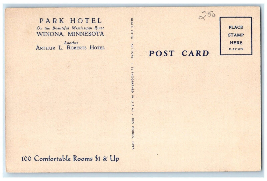 c1930's Park Hotel Building Cars Street View Winona Minnesota MN Postcard