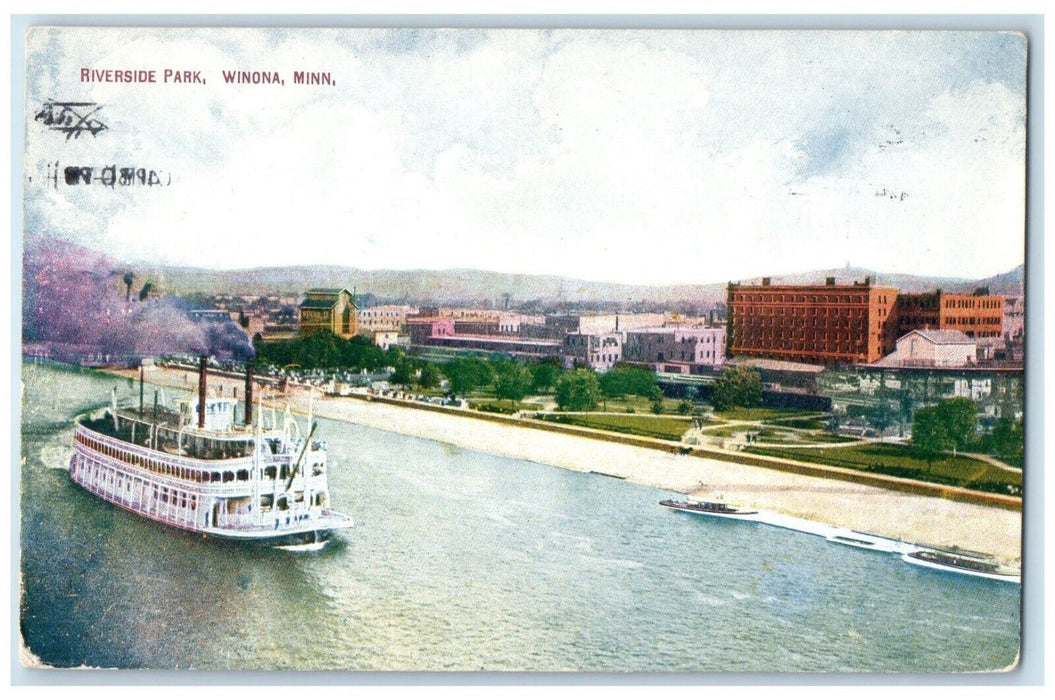 1911 Riverside Park Steamer Ship Boats Winona Minnesota MN Antique Postcard