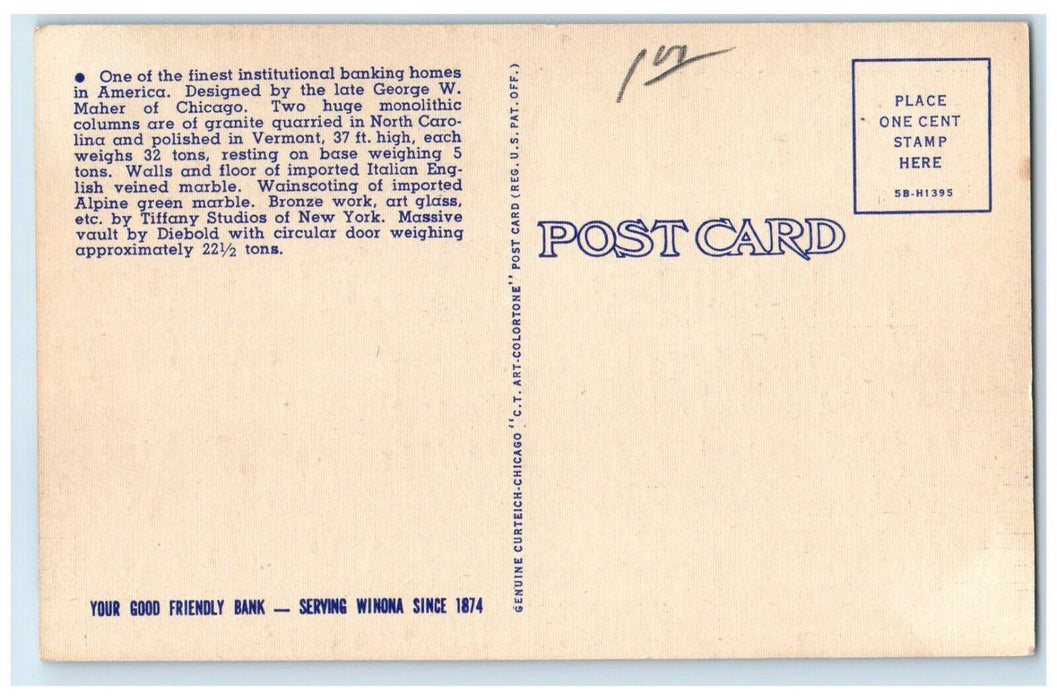 c1950's The Winona National & Savings Bank Winona Minnesota MN Vintage Postcard