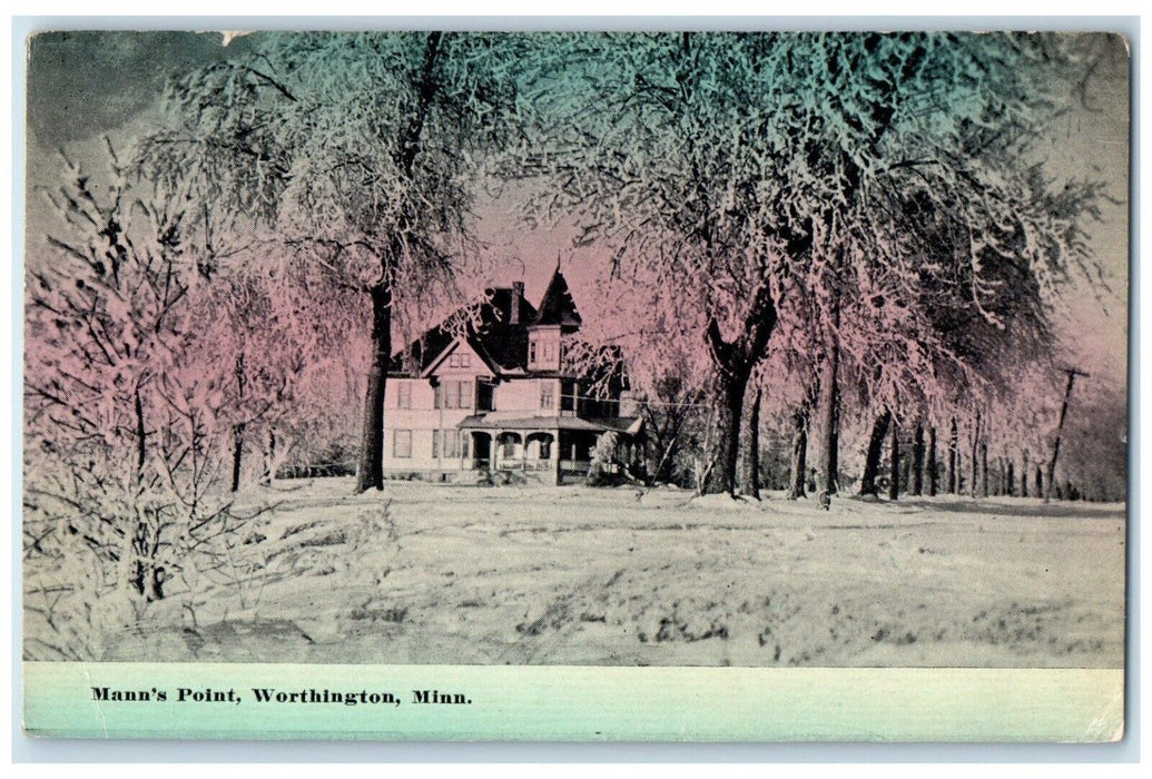 c1910's Mann's Point Building Winter Snow Worthington Minnesota MN Postcard