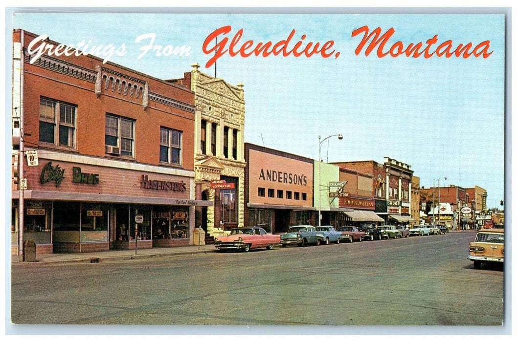 Greetings From Glendive Montana MT, Downtown Anderson's Drug Store Postcard