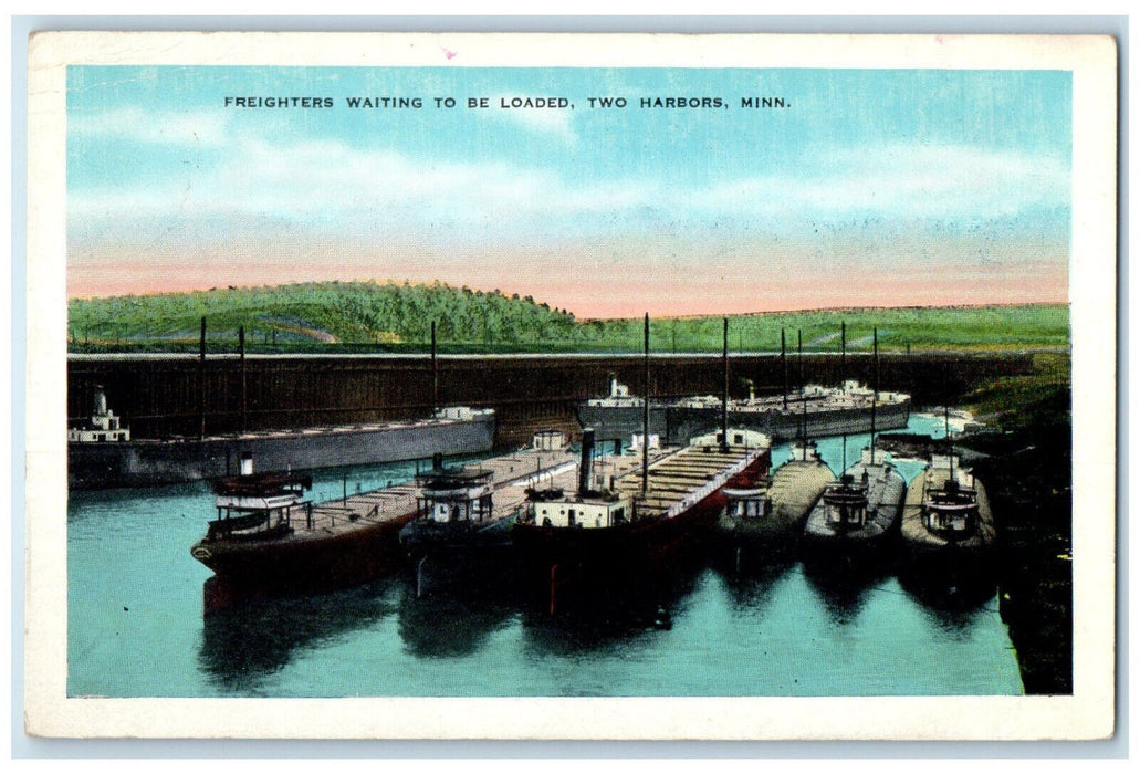 c1930's Freighters Waiting To Be Loaded Two Harbors Minnesota MN Postcard