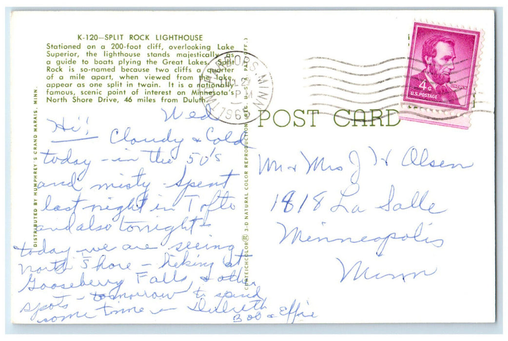 1965 Overlooking Lake Superior Split Rock Lighthouse Minnesota MN Postcard
