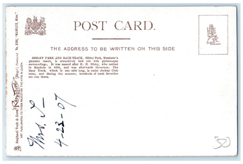 1907 Sibley Park And Race Track Mankato Minnesota MN Tuck's Antique Postcard