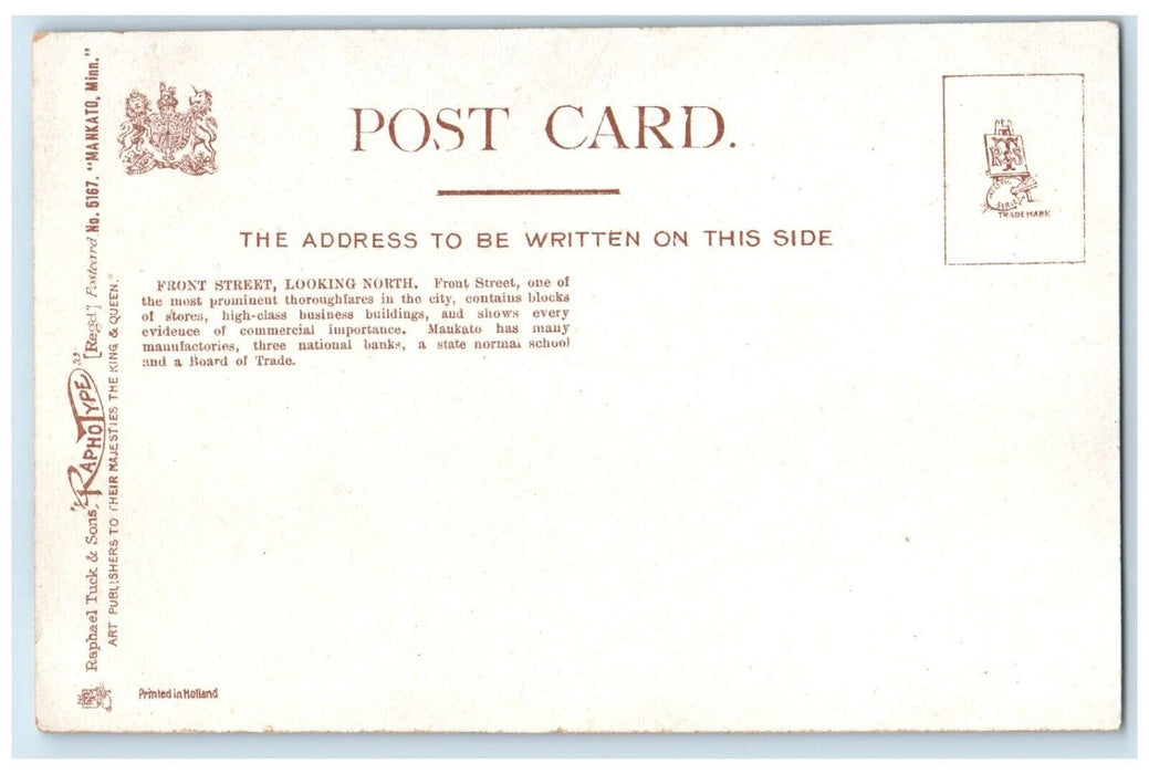 c1905 Front Street Looking North Mankato Minnesota MN Tuck's Antique Postcard