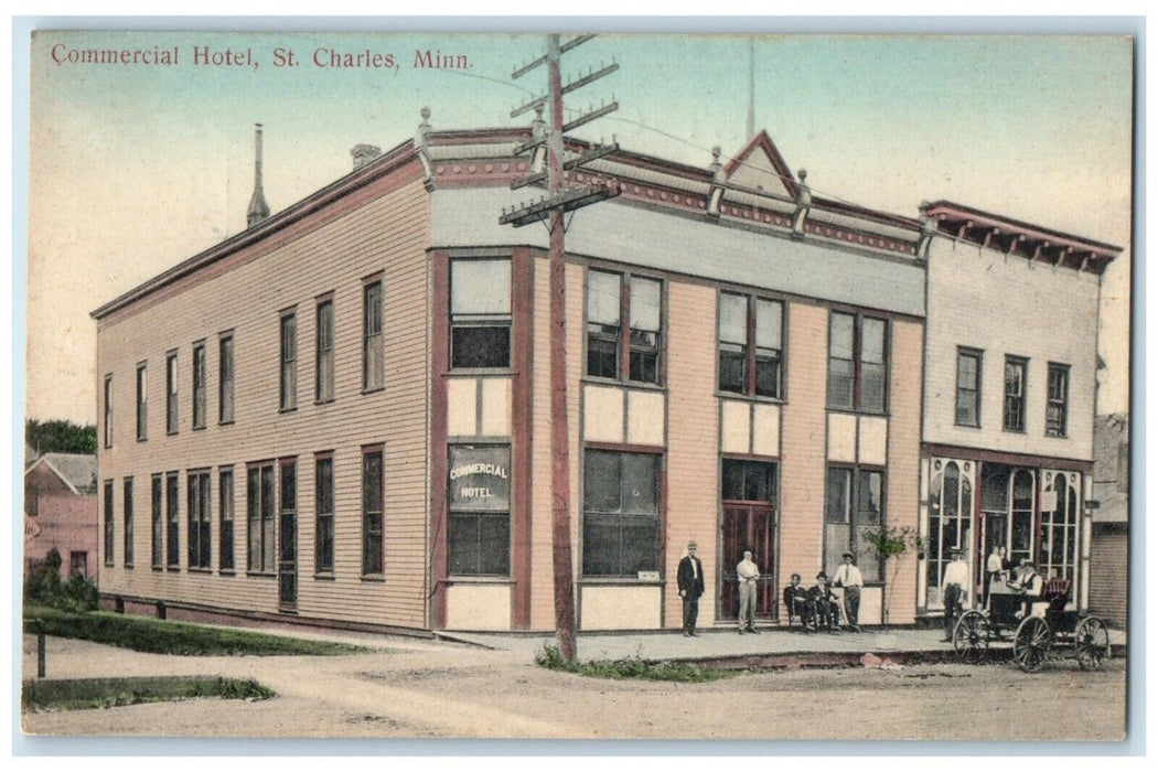 c1910's Commercial Hotel Building Car St. Charles Minnesota MN Antique Postcard