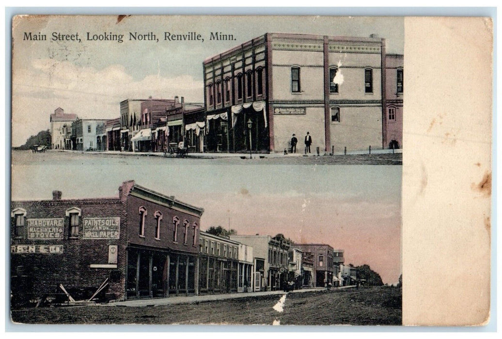 1908 Main Street Looking North Renville Minnesota MN Dual View Antique Postcard