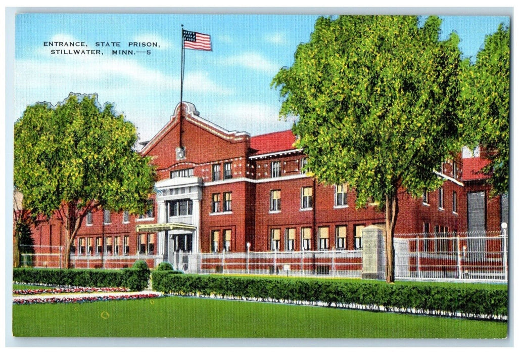 Entrance State Prison Building Flag Stillwater Minnesota MN Vintage Postcard